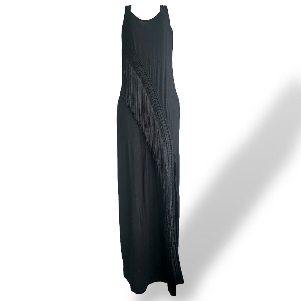Haute Hippie Black Maxi Dress with Diagonal Fringe